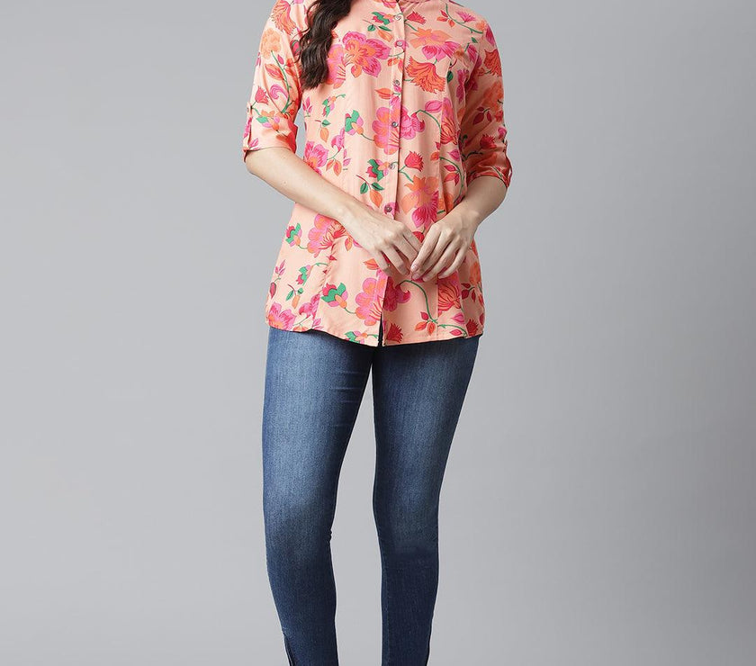 Divena Rayon Peach Floral Print Shirt Style A-Line Top - divena world