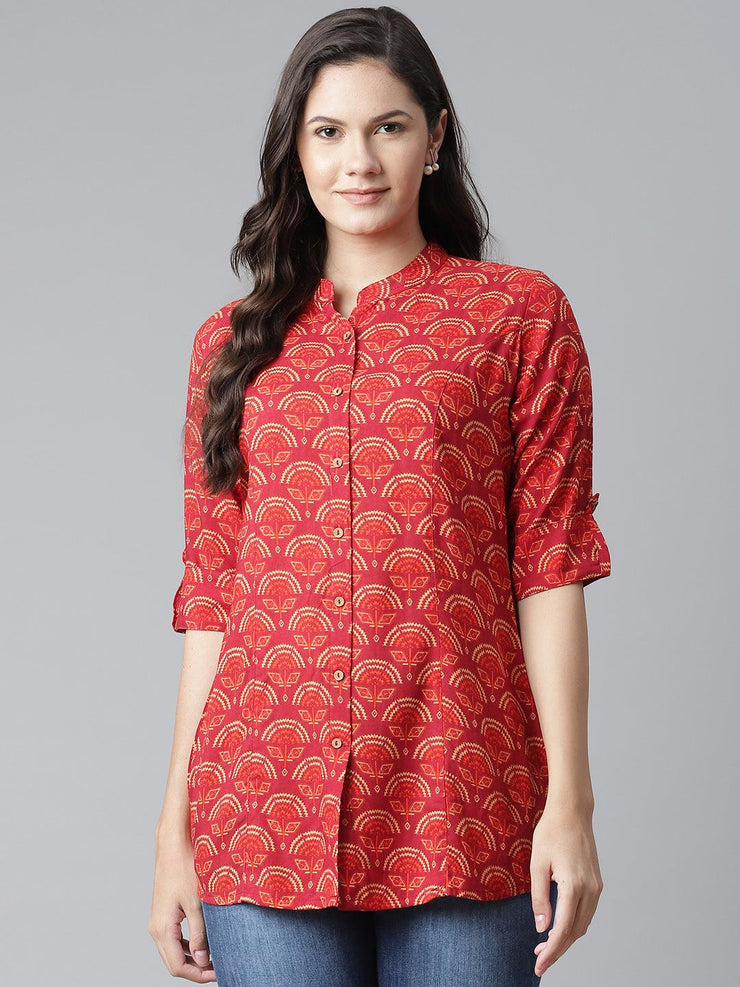 Divena Rayon Maroon Printed Shirt style A-line Top - divena world