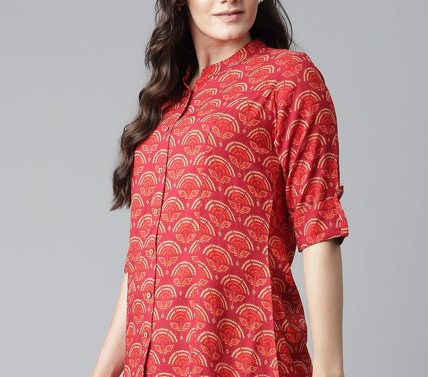 Divena Rayon Maroon Printed Shirt style A-line Top - divena world