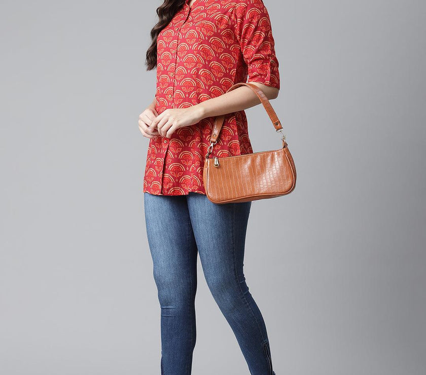 Divena Rayon Maroon Printed Shirt style A-line Top - divena world