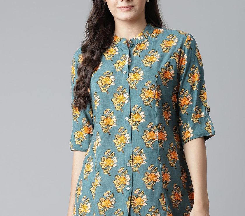 Divena Sea Green Rayon Printed Shirt Style A-line Top - divena world