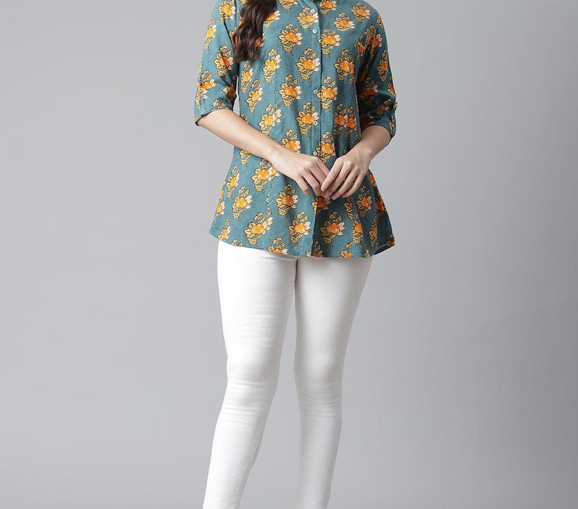 Divena Sea Green Rayon Printed Shirt Style A-line Top - divena world