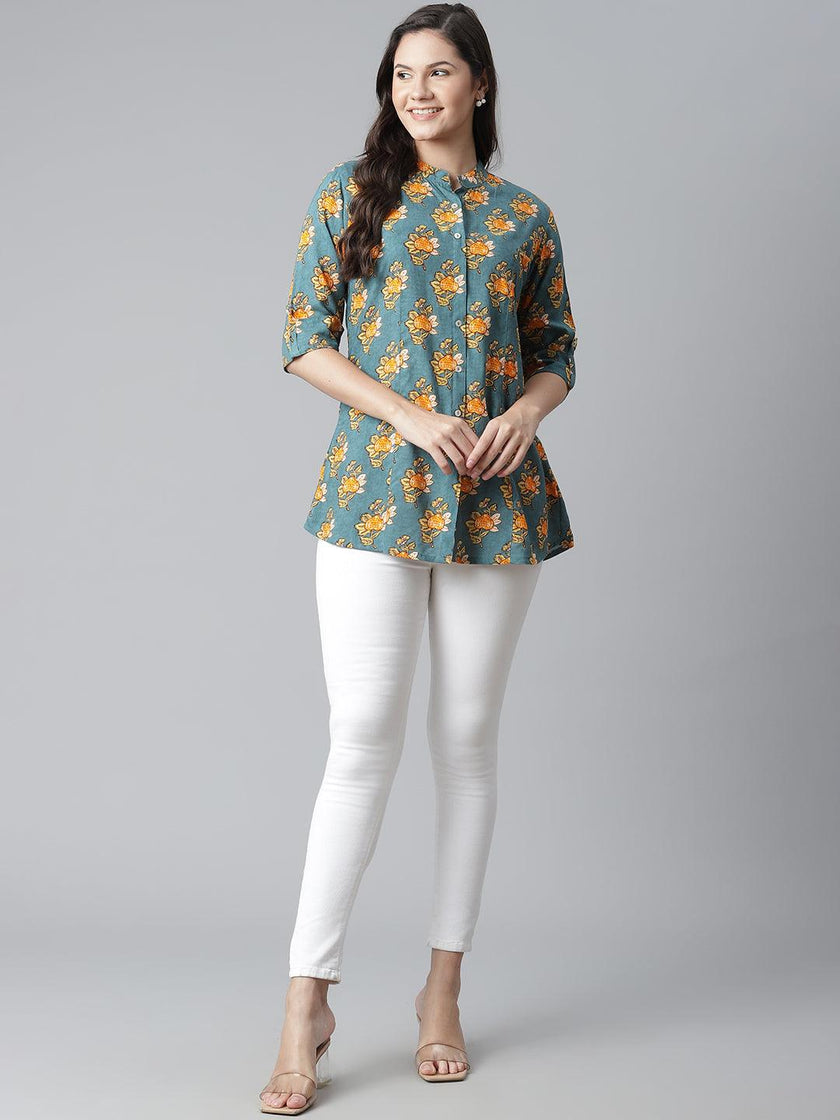 Divena Sea Green Rayon Printed Shirt Style A-line Top - divena world