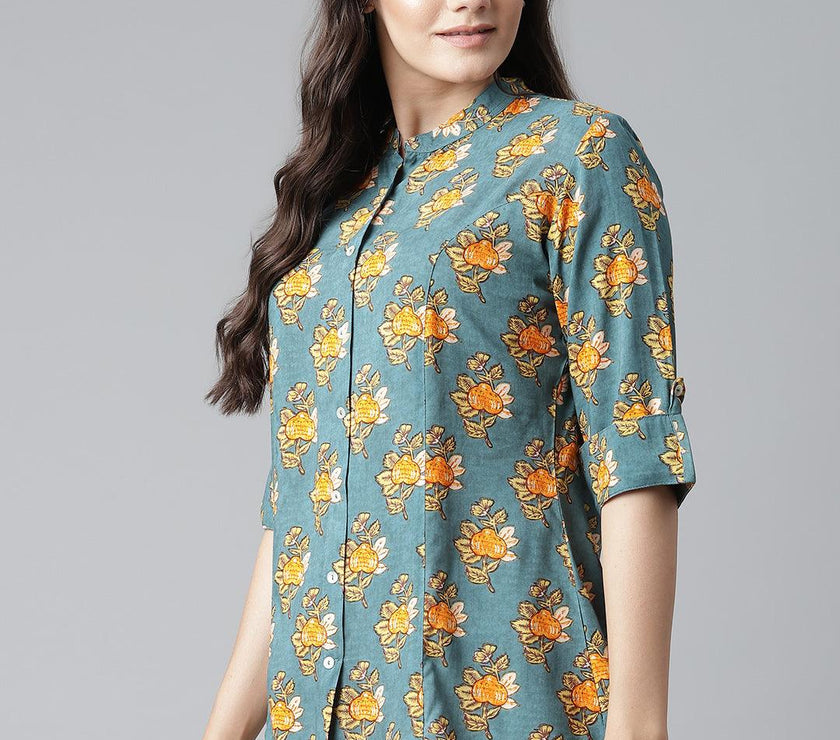 Divena Sea Green Rayon Printed Shirt Style A-line Top - divena world