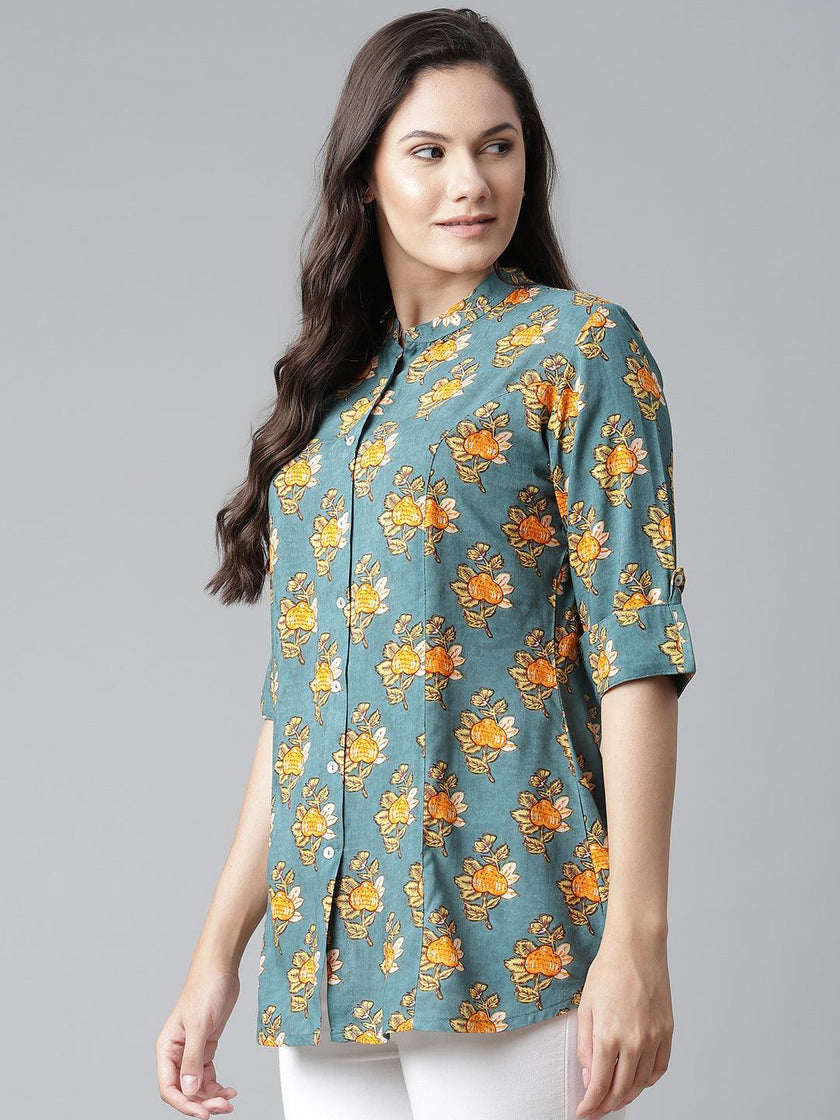 Divena Sea Green Rayon Printed Shirt Style A-line Top - divena world