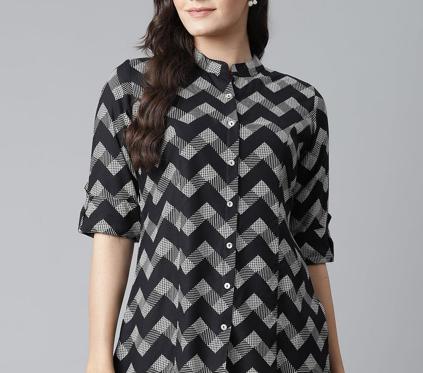 Divena Black Rayon Zigzag Print Shirts Style Top - divena world