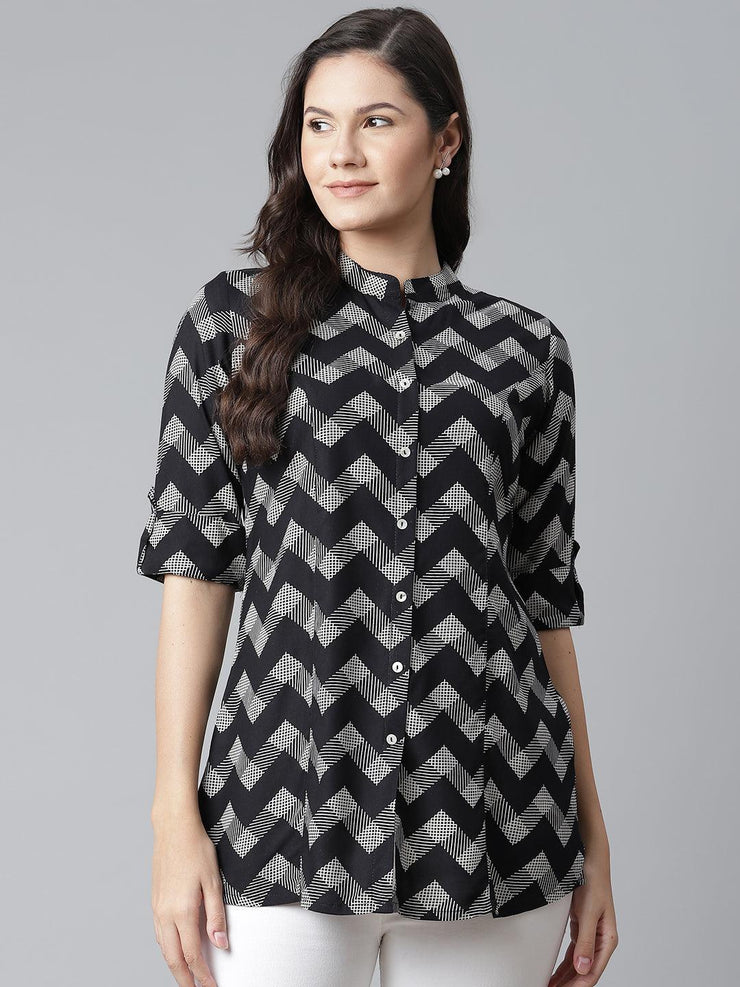 Divena Black Rayon Zigzag Print Shirts Style Top - divena world