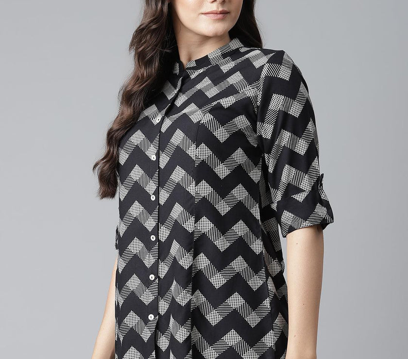 Divena Black Rayon Zigzag Print Shirts Style Top - divena world