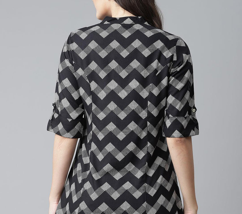 Divena Black Rayon Zigzag Print Shirts Style Top - divena world