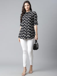 Divena Black Rayon Zigzag Print Shirts Style Top - divena world