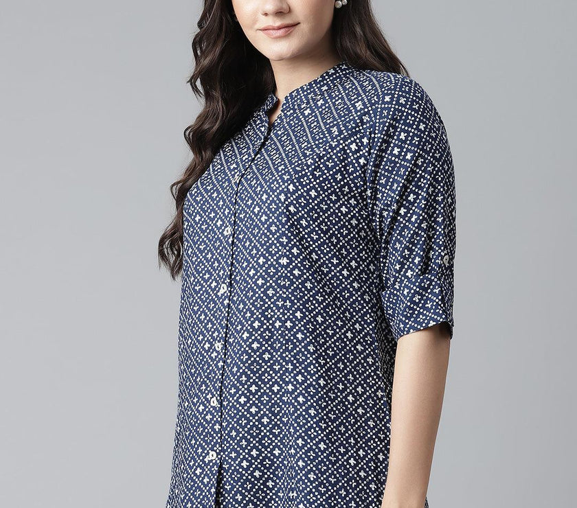 Divena Blue Rayon Printed Shirt Style Top - divena world