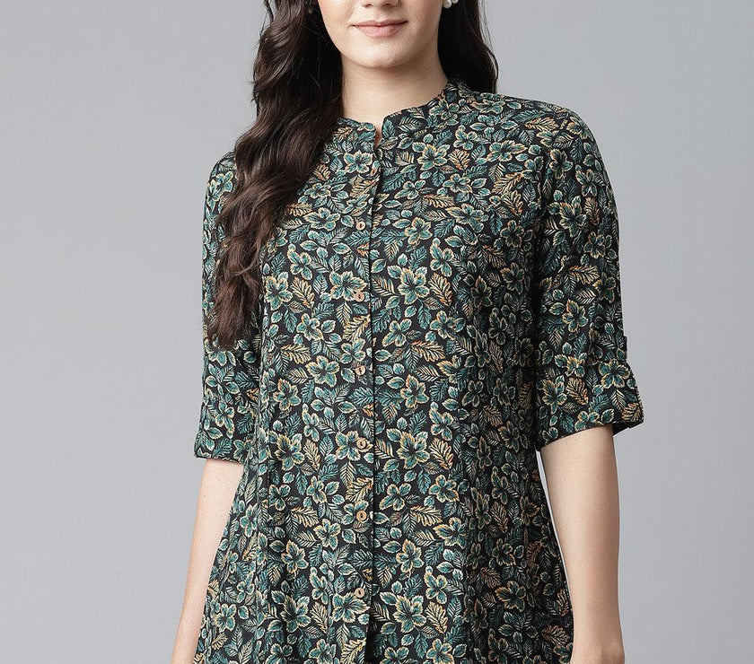 Divena Navy Blue Green Rayon Printed Top - divena world