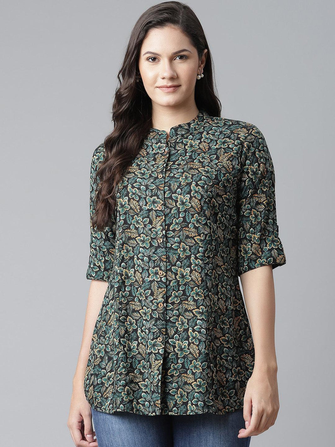 Divena Navy Blue Green Rayon Printed Top - divena world