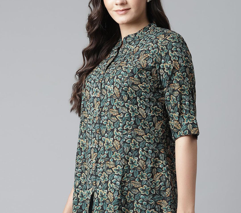 Divena Navy Blue Green Rayon Printed Top - divena world