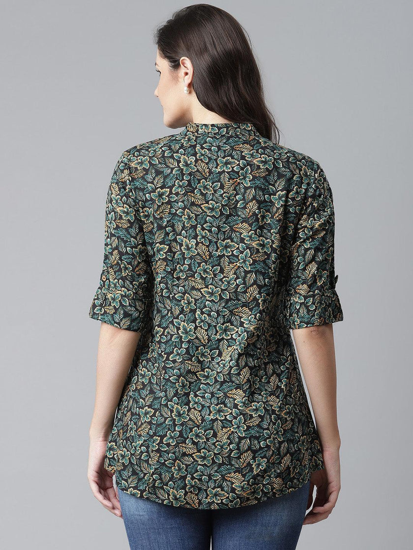 Divena Navy Blue Green Rayon Printed Top - divena world