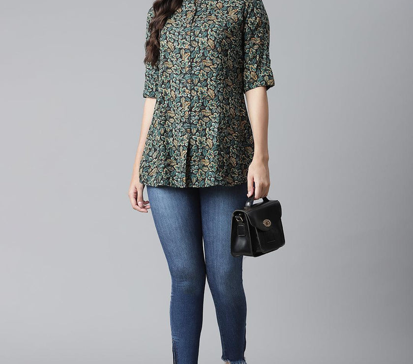 Divena Navy Blue Green Rayon Printed Top - divena world