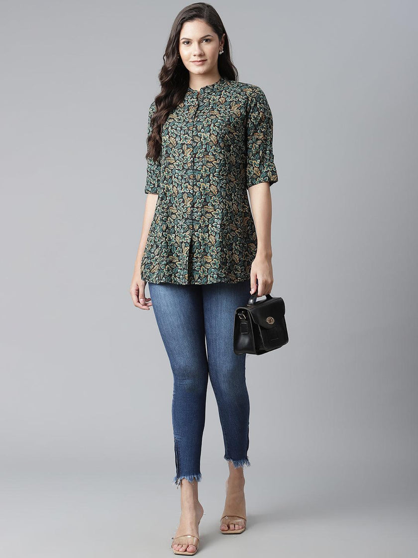 Divena Navy Blue Green Rayon Printed Top - divena world