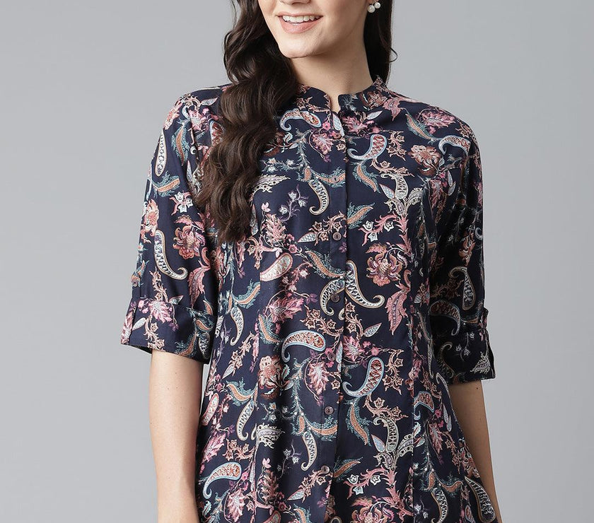 Divena Blue Printed Rayon Shirt Style A-Line Top - divena world