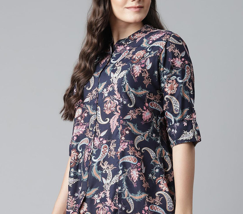 Divena Blue Printed Rayon Shirt Style A-Line Top - divena world