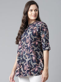 Divena Blue Printed Rayon Shirt Style A-Line Top - divena world