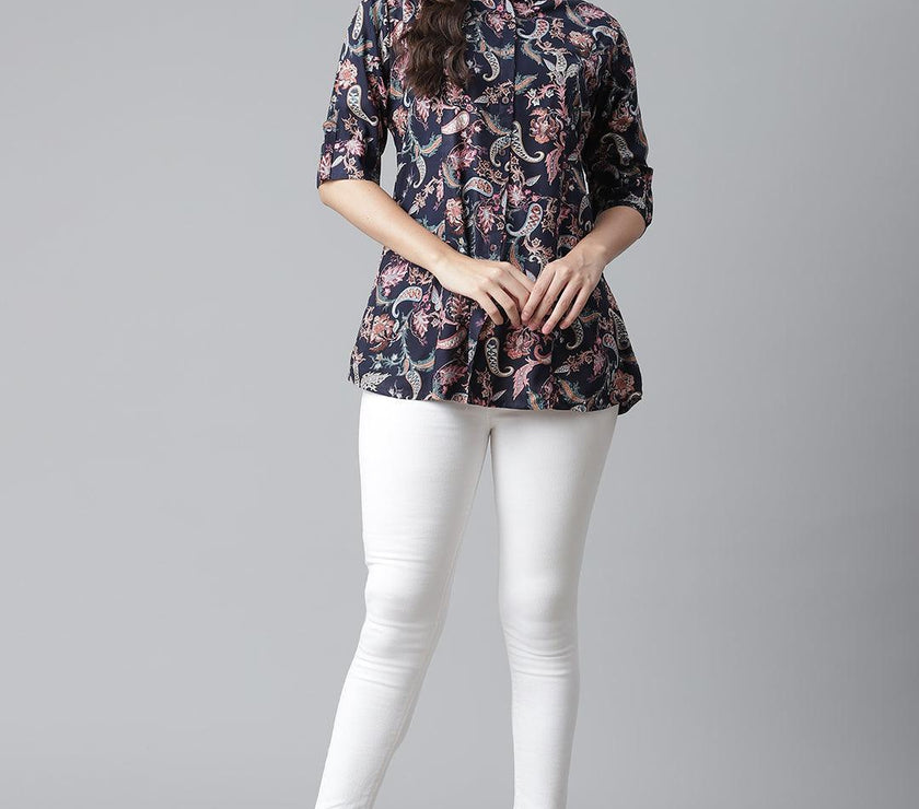 Divena Blue Printed Rayon Shirt Style A-Line Top - divena world