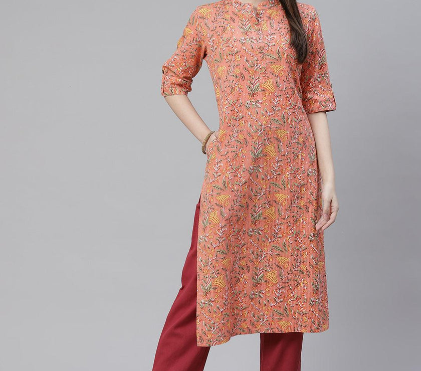 Divena Pink Printed Cotton Straight Kurta - divena world