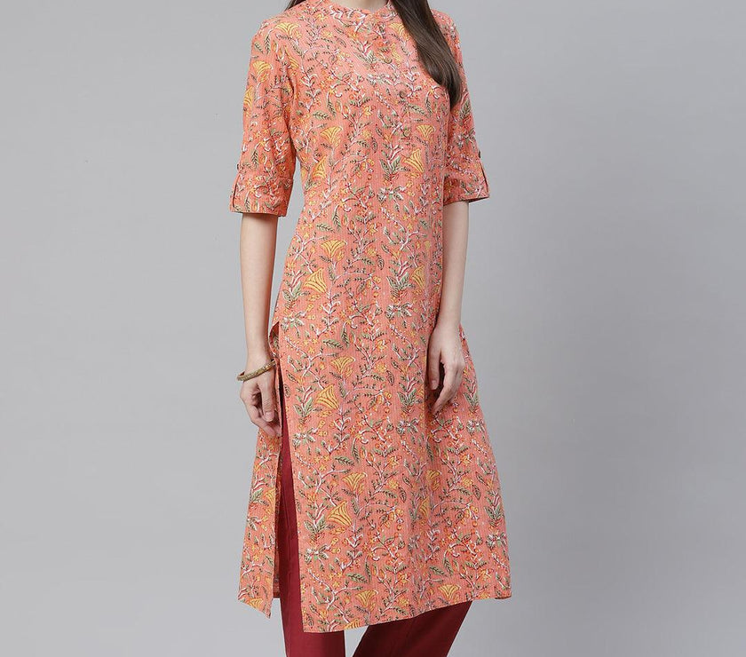 Divena Pink Printed Cotton Straight Kurta - divena world