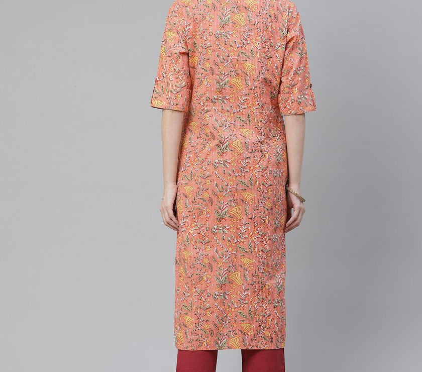 Divena Pink Printed Cotton Straight Kurta - divena world