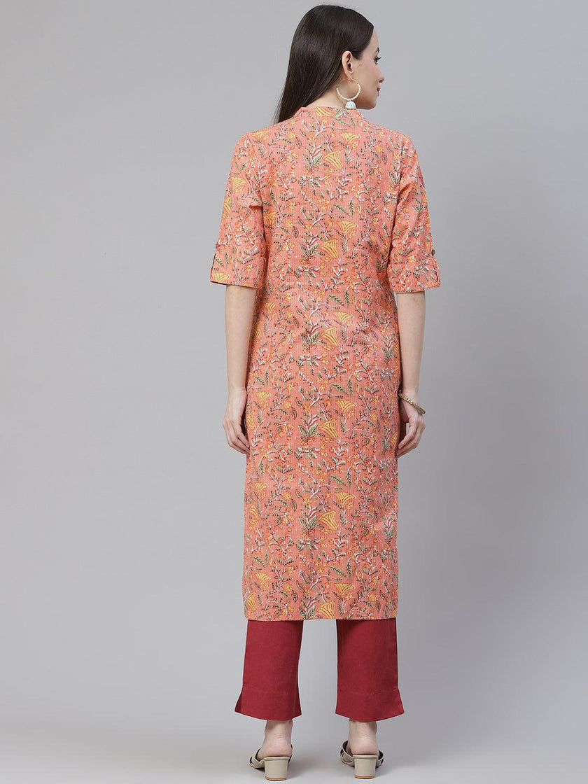 Divena Pink Printed Cotton Straight Kurta - divena world