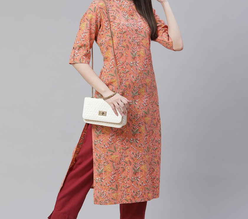 Divena Pink Printed Cotton Straight Kurta - divena world