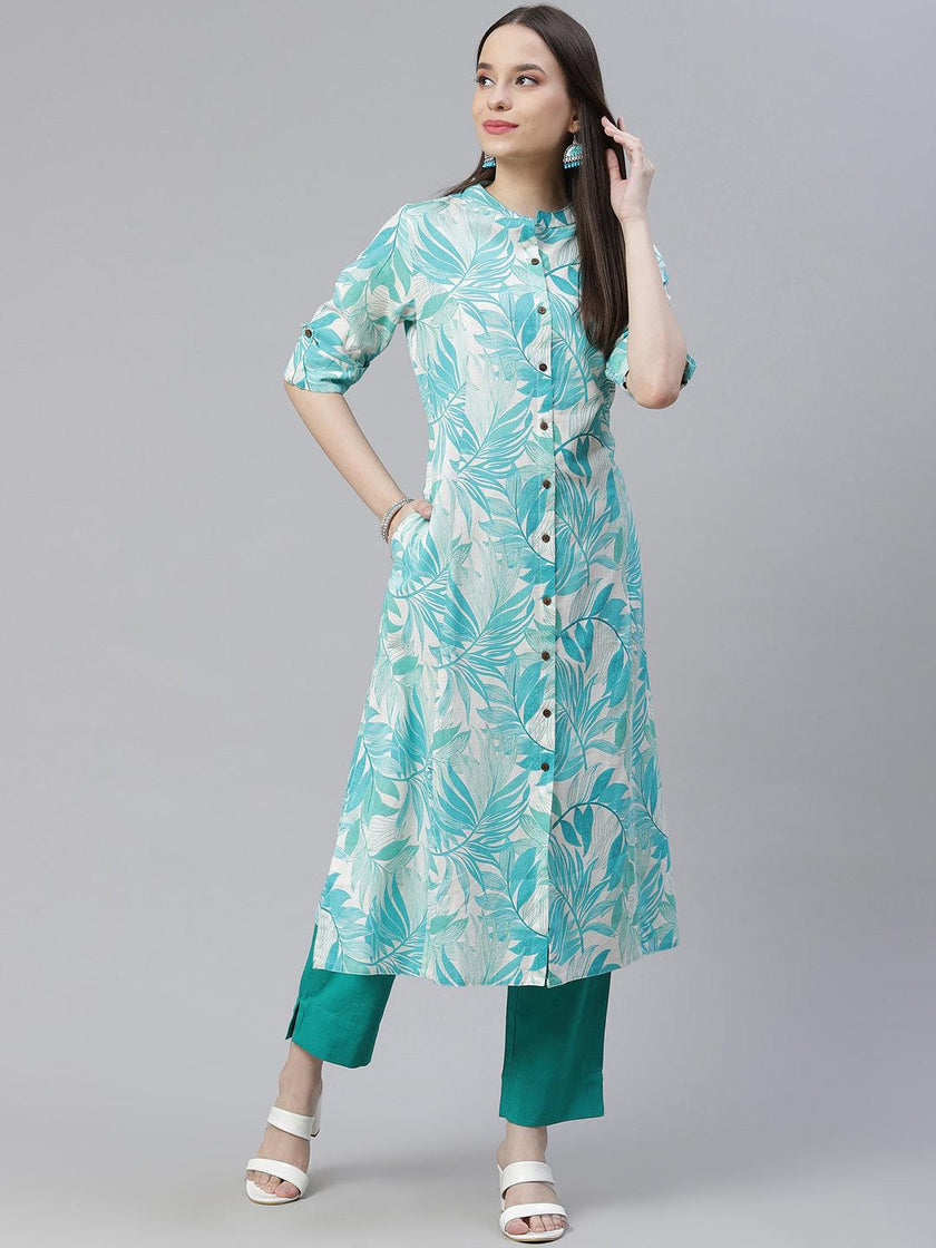 Divena Floral Print White Cotton Flex Kurta - divena world