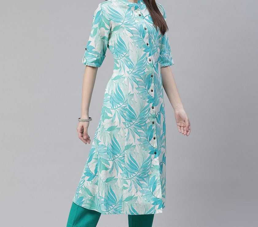 Divena Floral Print White Cotton Flex Kurta - divena world