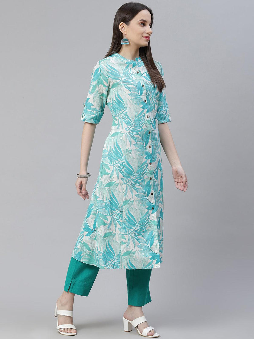 Divena Floral Print White Cotton Flex Kurta - divena world