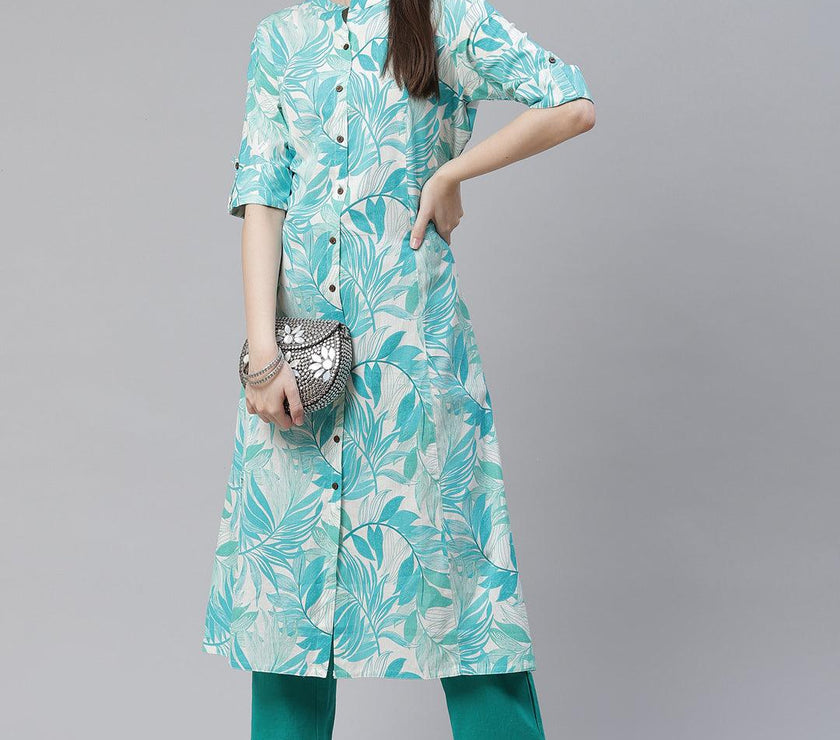 Divena Floral Print White Cotton Flex Kurta - divena world