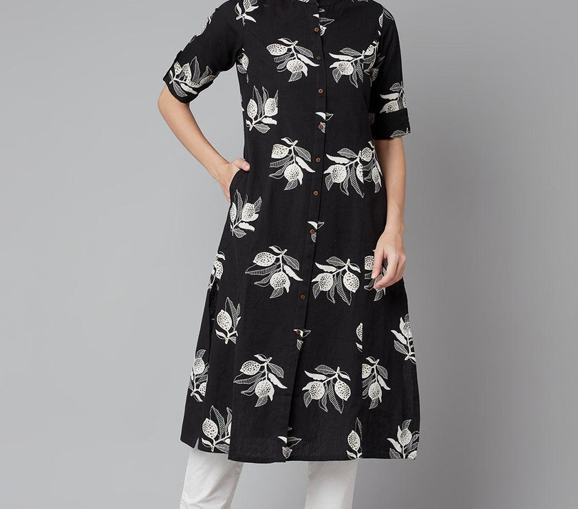 Divena Black Cotton Flex A-line Kurta - divena world