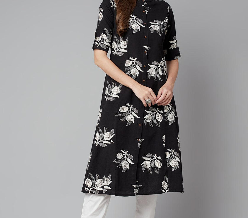 Divena Black Cotton Flex A-line Kurta - divena world