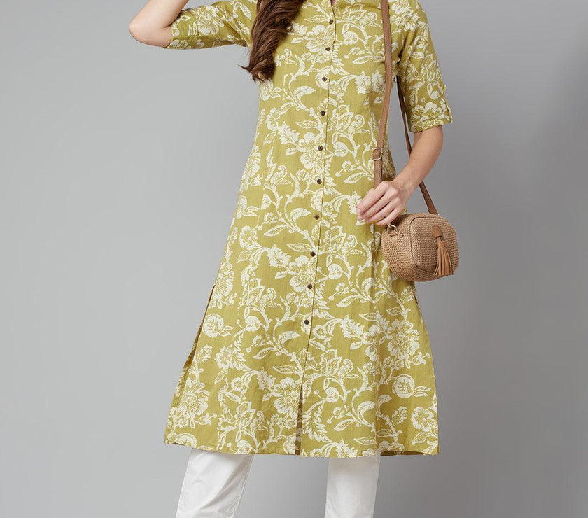 Divena Pastel Green Cotton Flex A-line Kurta - divena world