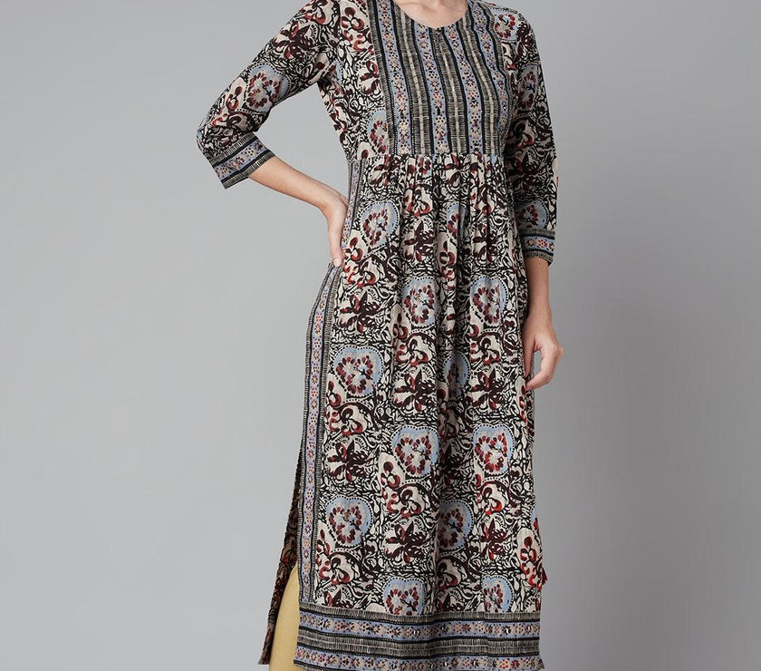 Divena Grey Cotton Gathered Kurta With Side Slits. - divena world