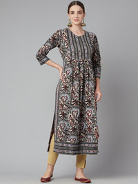 Divena Grey Cotton Gathered Kurta With Side Slits. - divena world