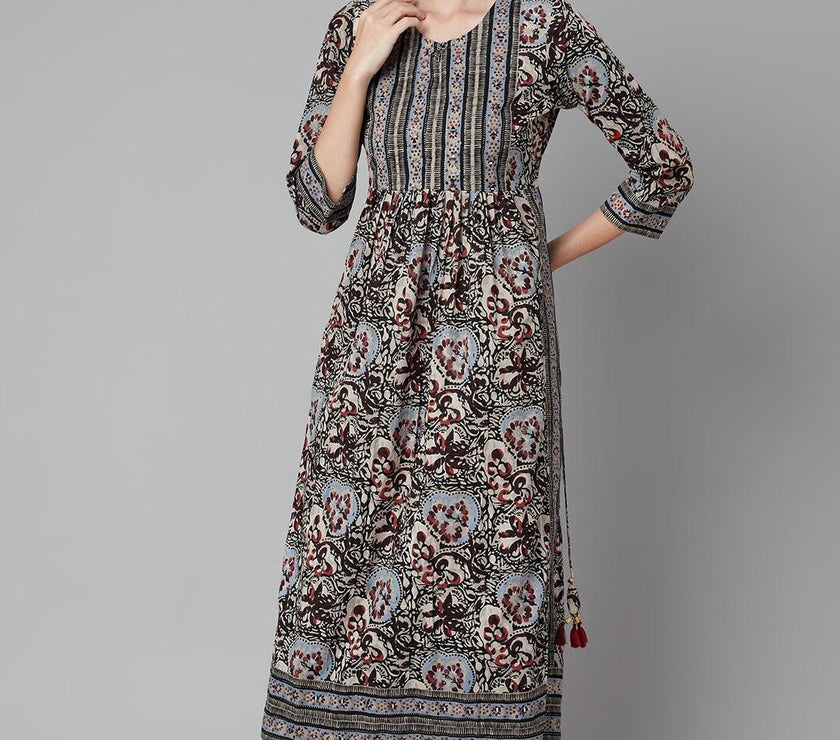 Divena Grey Cotton Gathered Kurta With Side Slits. - divena world