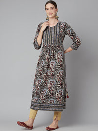 Divena Grey Cotton Gathered Kurta With Side Slits. - divena world