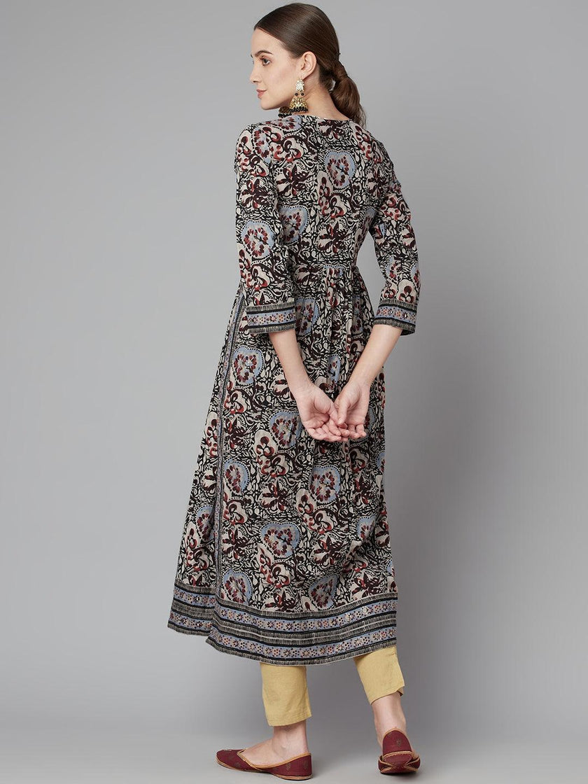 Divena Grey Cotton Gathered Kurta With Side Slits. - divena world