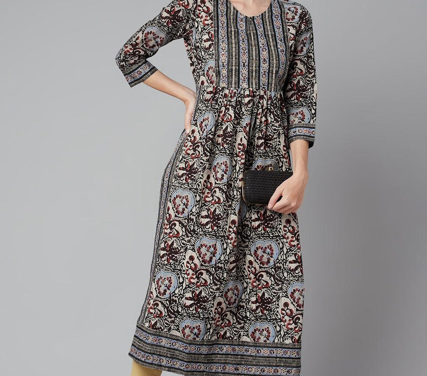 Divena Grey Cotton Gathered Kurta With Side Slits. - divena world