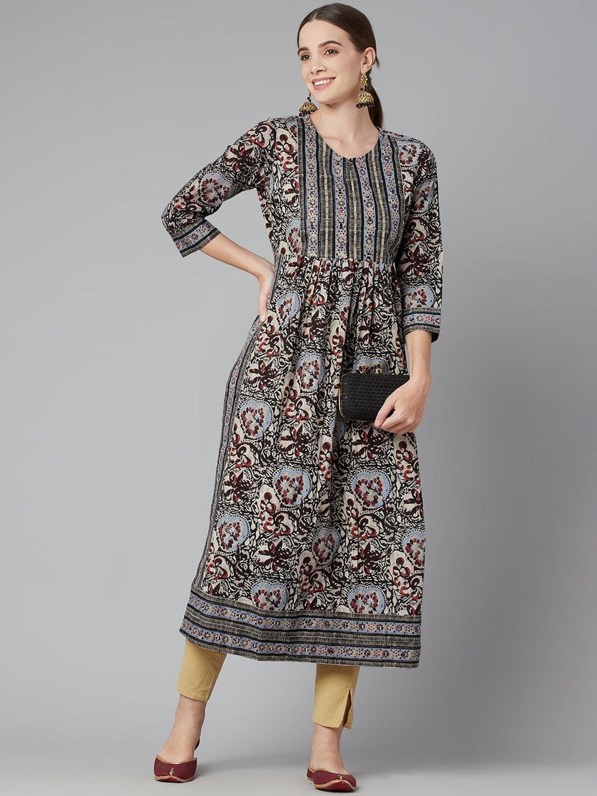 Divena Grey Cotton Gathered Kurta With Side Slits. - divena world