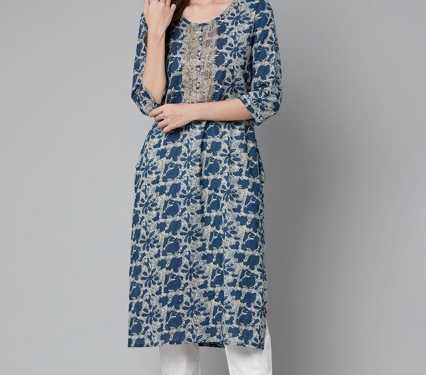 Divena Blue Floral Cotton Straight Kurta - divena world