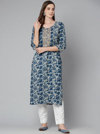 Divena Blue Floral Cotton Straight Kurta - divena world