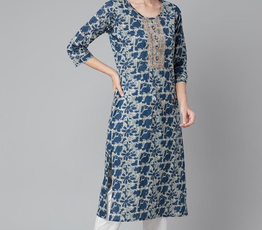 Divena Blue Floral Cotton Straight Kurta - divena world