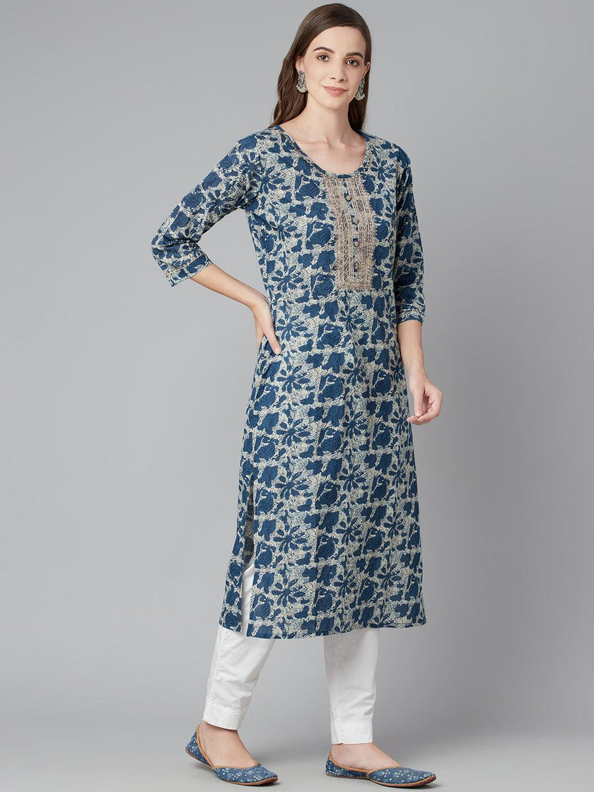 Divena Blue Floral Cotton Straight Kurta - divena world