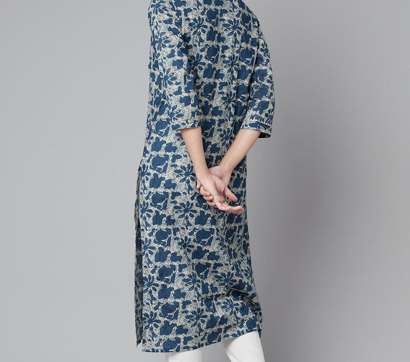 Divena Blue Floral Cotton Straight Kurta - divena world