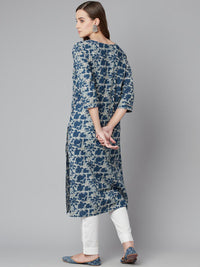 Divena Blue Floral Cotton Straight Kurta - divena world